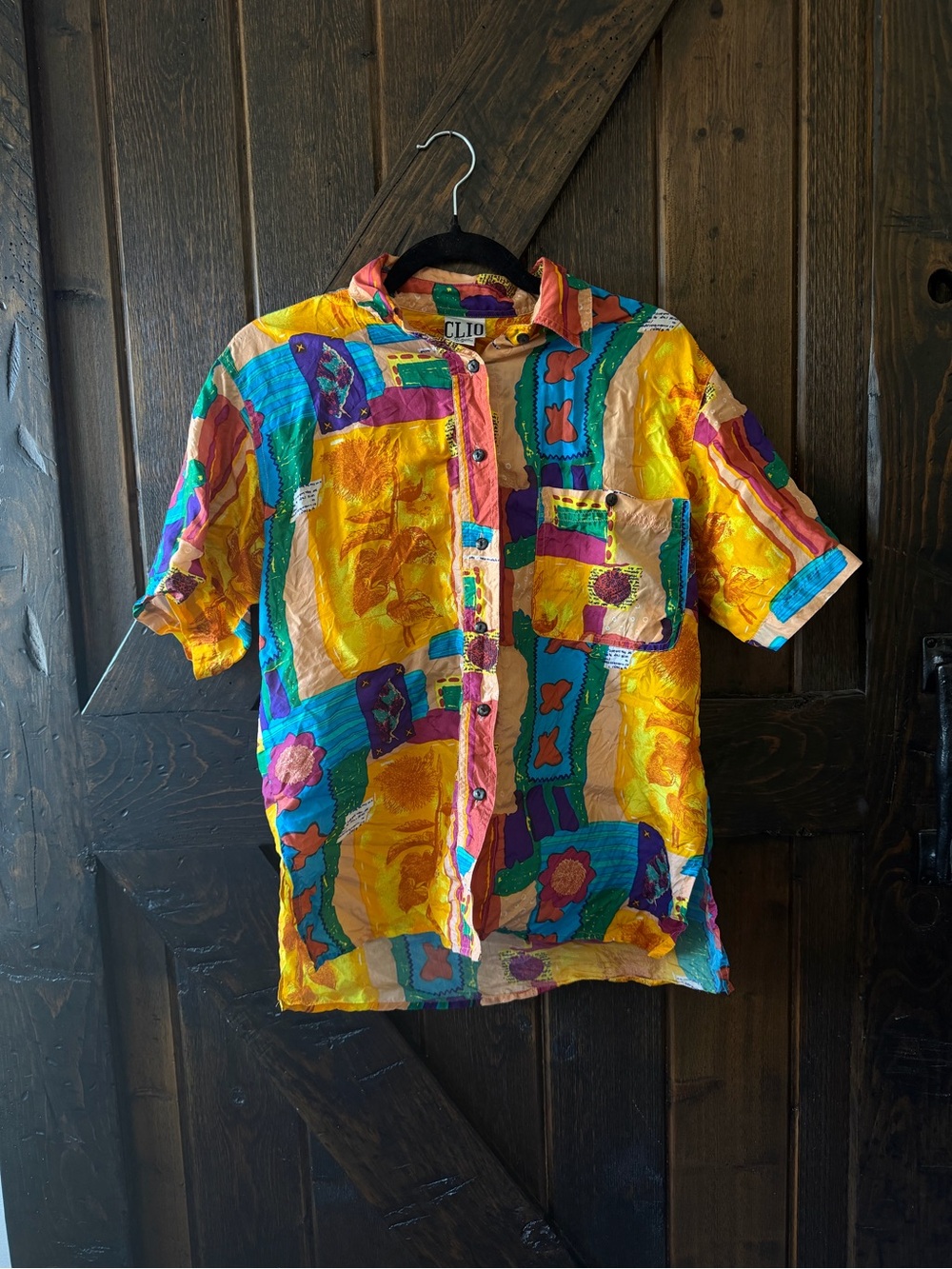 Vintage Clio 100% Silk Abstract Art Print Button Up Shirt Blouse S Colorful 80s